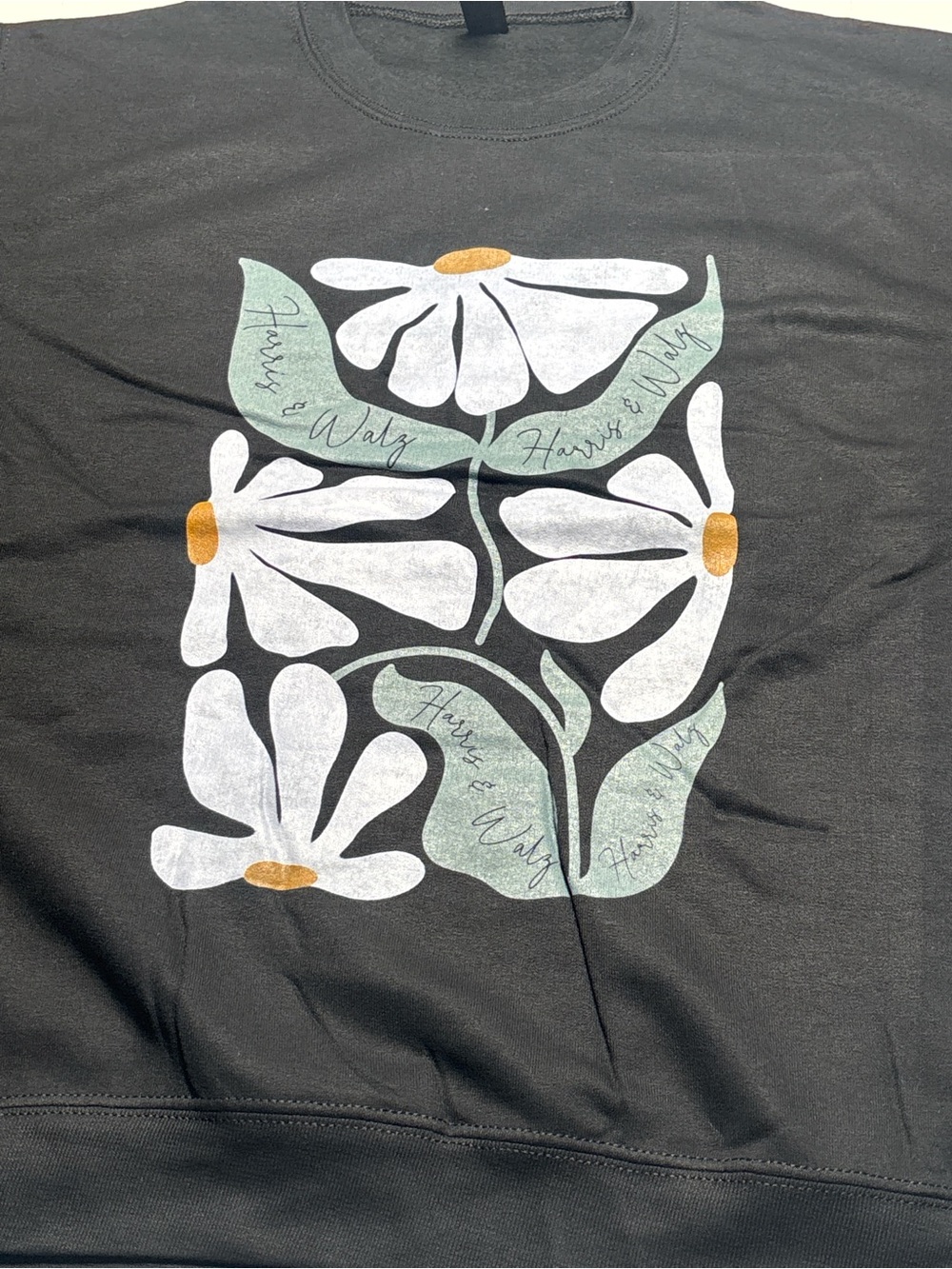 Gildan Black Kids Sweatshirt with White Daisy Graphic and Mint Leaves